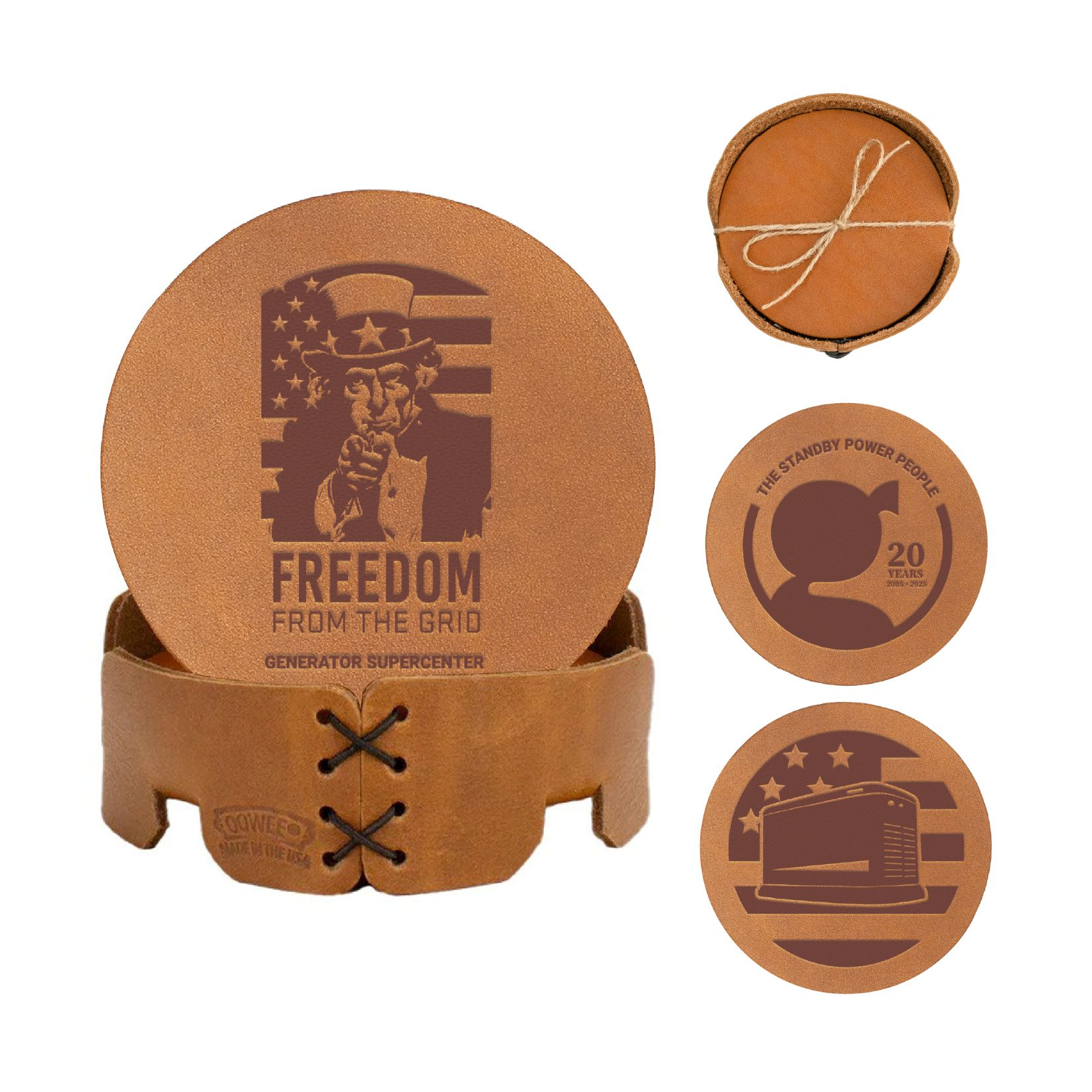 Full-Grain Leather Coaster Set of 4 Round Coasters w/Holder -3.75"